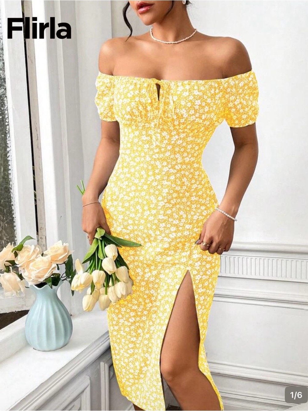 SHEIN Yellow One-Shoulder Floral Midi Dress